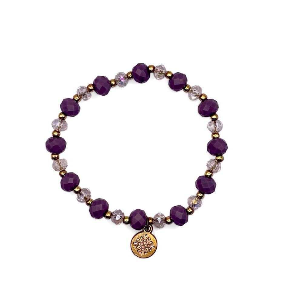 JM Collection Purple and Clear Acrylic Crystal Stretch Bracelet with Charm